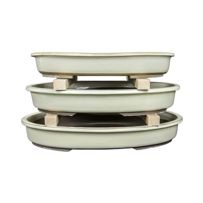 Vasi per bonsai Giapponesi Morrisan ovali in gres smaltati bianco (Set da n.3 pezzi) - B23-43