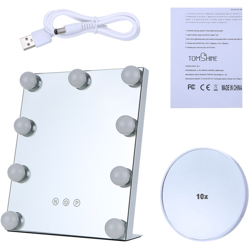Specchio da tavolo con luce 9 lampadine Touch Control Specchio per il trucco Lente di ingrandimento 10x staccabile Dimmerabile alimentato tramite USB características
