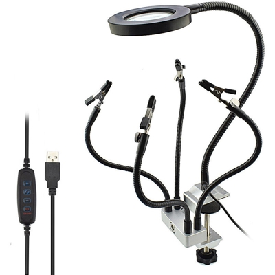 Morsetto per saldatura da tavolo con morsa da banco per montaggio su PCB con lente d'ingrandimento 3X LED USB 5 pezzi