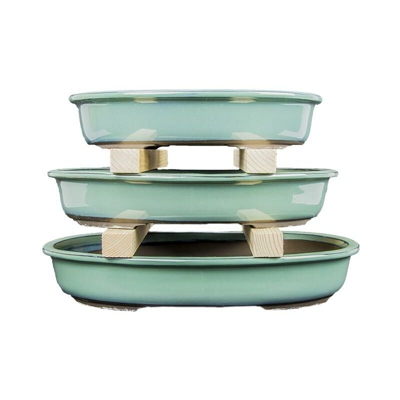 Vasi per bonsai Giapponesi Morrisan ovali in gres smaltati verde (Set da n.3 pezzi) - B23-44
