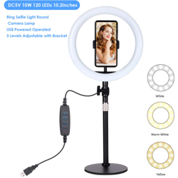 DC5V 10W 120 LED 10.2 pollici R-ing Selfie Light Lampada tonda per fotocamera Lampada alimentata tramite USB A 3 livelli Luminosita regolabile características