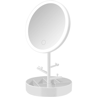 Specchio per il trucco di forma rotonda con lampada Base di stoccaggio per specchio da tavolo ricaricabile con regolazione a 3 ingranaggi,Bianco |