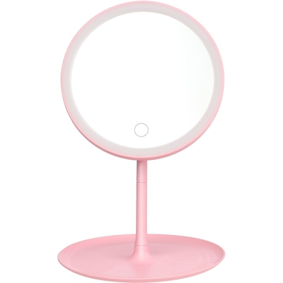 Specchio per il trucco rotondo ricaricabile con interruttore per schermo luminoso L-ED Specchio per il trucco da scrivania con base staccabile,Rosa