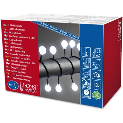 / 3696-207 LED Globelichterkette grandi e rotondi diodi/80 bianca fredda diodi/24 V trasformatore esterno/cavo nero - Konstsmide