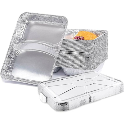 Vaschette in Alluminio 50pz Contenitore Monouso Alimenti 2 Scomparti + Coperchi