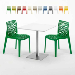 Grand Soleil - Tavolino Quadrato Bianco 70x70 cm con Base in Acciaio e 2 Sedie Colorate Ice Strawberry | Verde 2 en oferta