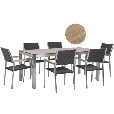 Set tavolo da giardino effetto legno 180 cm e 6 sedie rattan nero GROSSETO