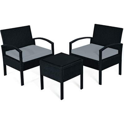 Set Divano da Esterno in Rattan, Set di 3 Pezzi per Cortile, 2 Sedie e Tavolino da caffè, con Cuscino, Ideale per Cortile Portico Giardino