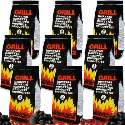 Deuba Sacchi di bricchetti 27kg bricchette di carbone barbecue carbonella 9 sacchi x 3kg