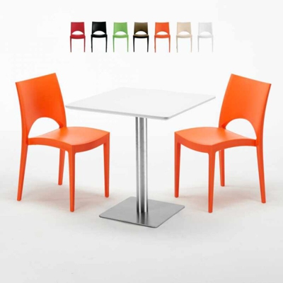 Grand Soleil - Tavolino Quadrato Bianco 70x70 cm con Base in Acciaio e 2 Sedie Colorate Paris Strawberry | Arancione