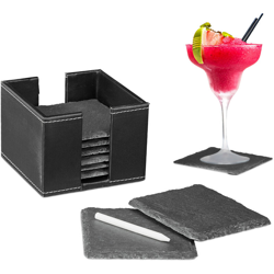 8 Sottobicchieri in Ardesia, Set, Poggia Bicchieri, con Contenitore & Gessetto, 10x10cm cm, Nero precio