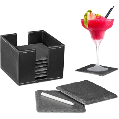 8 Sottobicchieri in Ardesia, Set, Poggia Bicchieri, con Contenitore & Gessetto, 10x10cm cm, Nero
