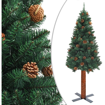 Albero di Natale Sottile con Legno Vero e Pigne Verde 180cm PVC - Verde - Youthup