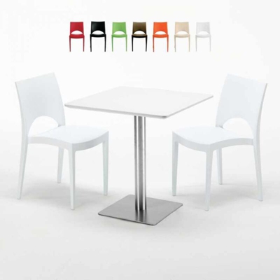 Tavolino Quadrato Bianco 70x70 cm con Base in Acciaio e 2 Sedie Colorate Paris Strawberry | Bianco