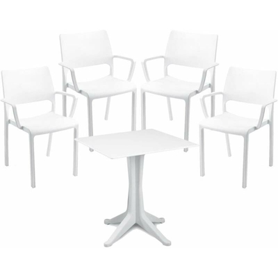 Set 4 Sedie Tramontana + Tavolo Ponente Bianco Quadrato Per Esterno E Interno