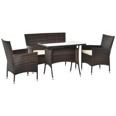 Set Mobile Da Giardino Con Tavolo 2 Poltrone E Divano 2 Posti In Rattan Pe Con Cuscini Marrone E Bianco