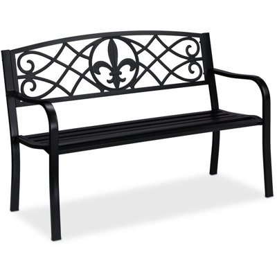 Panca da Giardino, Con Giglio Decorativo, a 2 Posti, Acciaio, Arredamento Outdoor, 86 x 127 x 60 cm, Nero