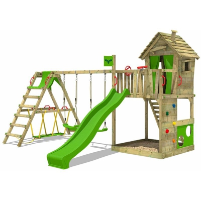 FATMOOSE Parco giochi in legno HappyHome Giochi da giardino con altalena SurfSwing e scivolo mela verde Casetta da gioco per l'arrampicata con