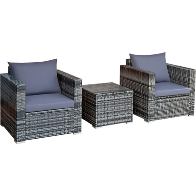 Costway - Set Divano in Rattan da Esterno, Set 3 Pezzi da Giardino per Esterno, Superficie Tavolo in Vetro Temperato, Ideale per Cortile Portico