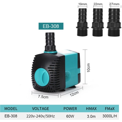 Pompa dell'acqua Pompa per acquario Serbatoio da 60 W Pompa sommergibile Fontana Fontana con ventose a risparmio energetico a basso rumore