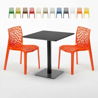 Grand Soleil - Tavolino Quadrato Nero 70x70 cm con 2 Sedie Colorate Gruvyer Kiwi | Arancione