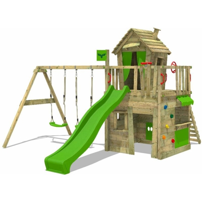 FATMOOSE Parco giochi in legno CrazyCat Giochi da giardino con altalena e scivolo mela verde Casetta da gioco per l'arrampicata con scala di risalita