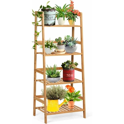 Scaffale per Piante in bambu, Supporto per Fiori a 4 Ripiani, Scaffale Portafiori per Balcone Giardino Cortile, 48 x 32 x 115 cm (Naturale)