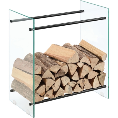 [en.casa] - Legnaia Decorativa per Interno 60 x 60 x 35 cm Deposito per Legna da Ardere Portalegna in Vetro con Aste di Supporto in Acciaio