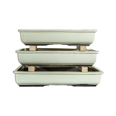 Vasi per bonsai Giapponesi Morrisan rettangolari in gres smaltato bianco (Set da n.3 pezzi) - B19-34