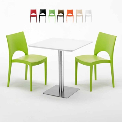 Grand Soleil - Tavolino Quadrato Bianco 70x70 cm con Base in Acciaio e 2 Sedie Colorate Paris Strawberry | Verde 2
