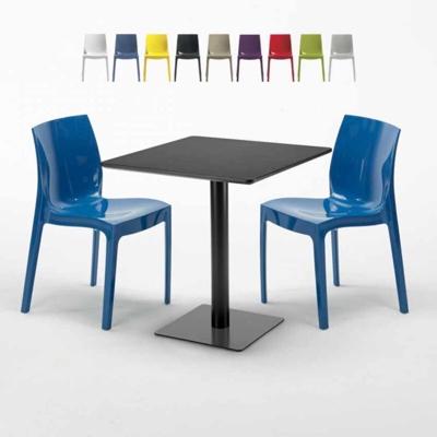 Grand Soleil - Tavolino Quadrato Nero 70x70 cm con 2 Sedie Colorate Ice Kiwi | Blu