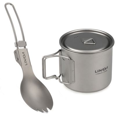 Lixada 550ml esterno bicchiere pieghevole portatile di titanio titanio pieghevole forchetta cucchiaio +