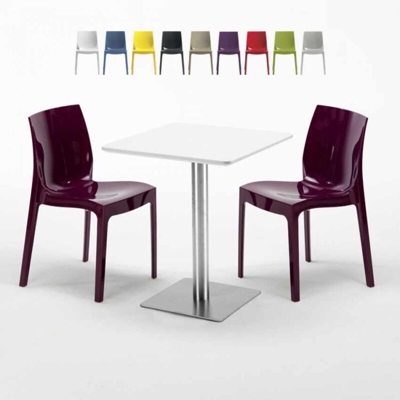 Grand Soleil - Tavolino Quadrato 60x60 cm Top Bianco con 2 Sedie Colorate Ice Hazelnut | Viola