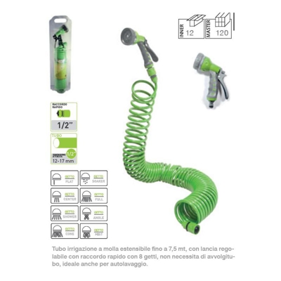 Tubo irrigazione estensibile con lancia, 7 getti, 7.5m, 100x120mm. Manico antiscivolo