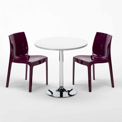 Grand Soleil - Tavolino Rotondo Bianco 70x70 cm con Base in Acciaio e 2 Sedie Colorate Ice LONG Island | Viola