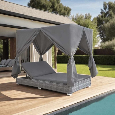 Lettino Prendisole con Tende in Polyrattan Grigio - Grigio - Vidaxl