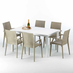 Tavolo Rettangolare Bianco 150x90 cm con 6 Sedie Colorate Bistrot Arm Summerlife | Beige en oferta
