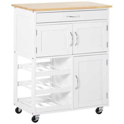 Carrello Portavivande, Carrellino Per Cucina In Legno Bianco Con Portabottiglie 1 Cassetto E 3 Antine, 67x37x87cm