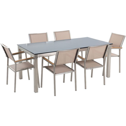Set tavolo e sedie da giardino - In vetro temperato nero e fibra tessile beige - tavolo 180 con 6 sedie - GROSSETO en oferta