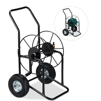 Carrello Avvolgitubo, con 2 Ruote, Attacco da 1/2 e 3/4 Pollici, per Tubi Lunghi Fino a 80 m, in Metallo, Nero