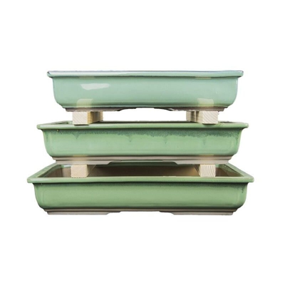 Vasi per bonsai Giapponesi Morrisan rettangolari in gres smaltato verde (Set da n.3 pezzi) - B19-35