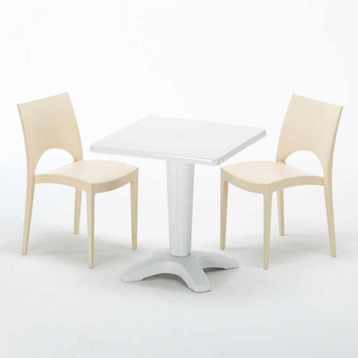 Grand Soleil - Tavolino Quadrato Bianco 70x70 cm con 2 Sedie Colorate Paris Patio | Beige