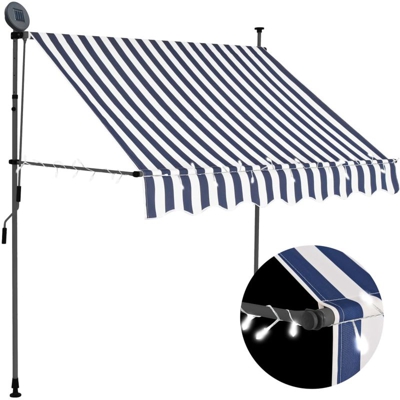 Tenda da Sole Retrattile Manuale con LED 200 cm Blu e Bianco