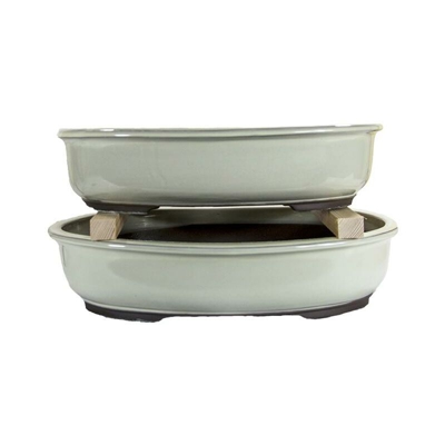 Vasi per bonsai Giapponesi Morrisan ovali in gres smaltati bianco (Set da n.2 pezzi) - B22-38