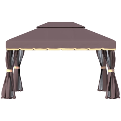 Gazebo da Giardino con Doppio Tetto e Zanzariera in Poliestere, Caffè, 2.9x3.9m - Outsunny