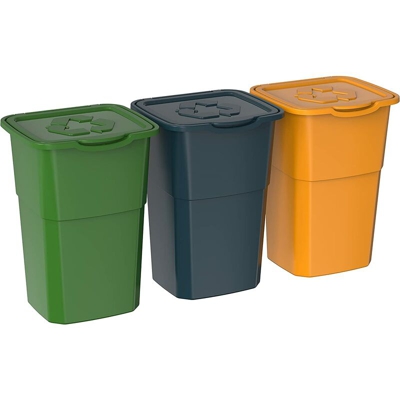Tris mastelli pattumiera contenitori componibili 3PZ x 50LT per raccolta differenziata rifiuti immondizia bidoni secchio colorati bianco giallo verde