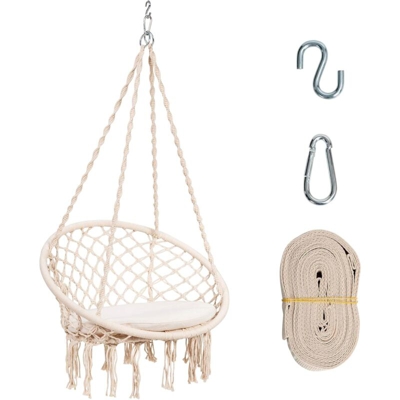 Costway - Poltrona Sospesa Sedia ad Dondolo, con Cuscino Morbido e Kit di Appendimento, Corde di Cotone, per Interno ed Esterno, capacità di Carico