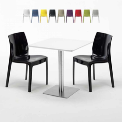 Grand Soleil - Tavolino Quadrato Bianco 70x70 cm con Base in Acciaio e 2 Sedie Colorate Ice Strawberry | Nero precio