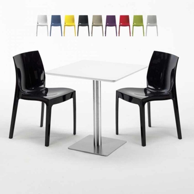 Grand Soleil - Tavolino Quadrato Bianco 70x70 cm con Base in Acciaio e 2 Sedie Colorate Ice Strawberry | Nero