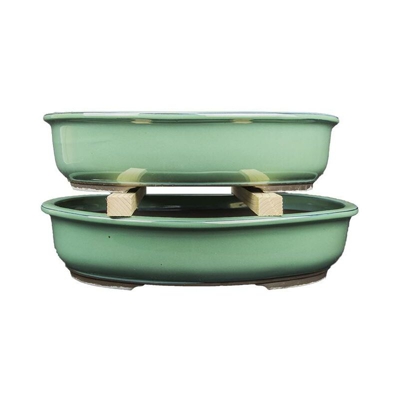 Vasi per bonsai Giapponesi Morrisan ovali in gres smaltati verde (Set da n.2 pezzi) - B22-39
